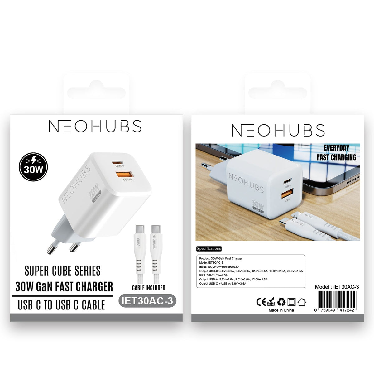 NEOHUBS Super Cube 30W GaN Dual Port Fast Charger USB-C + USB Wall Adapter