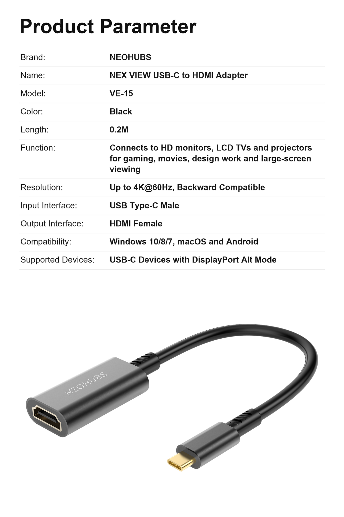 NEOHUBS NEX VIEW Type C to HDMI Adapter Cable - USB C to HDMI Converter