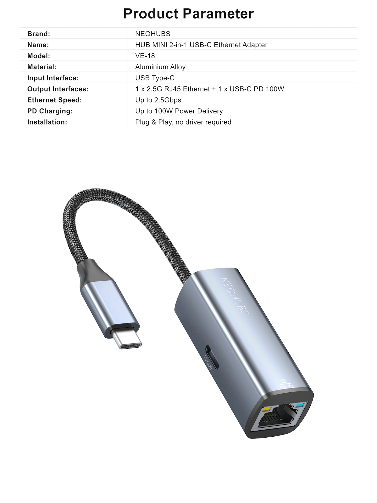 NEOHUBS HUB MINI 2-in-1 Type-C Hub with RJ45 Ethernet & USB-C PD 100W