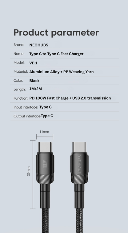 VOLT EDGE USB C to USB C Fast Charger Cable (100W, 5A)