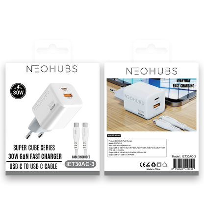 NEOHUBS Super Cube 30W GaN Dual Port Fast Charger USB-C + USB Wall Adapter
