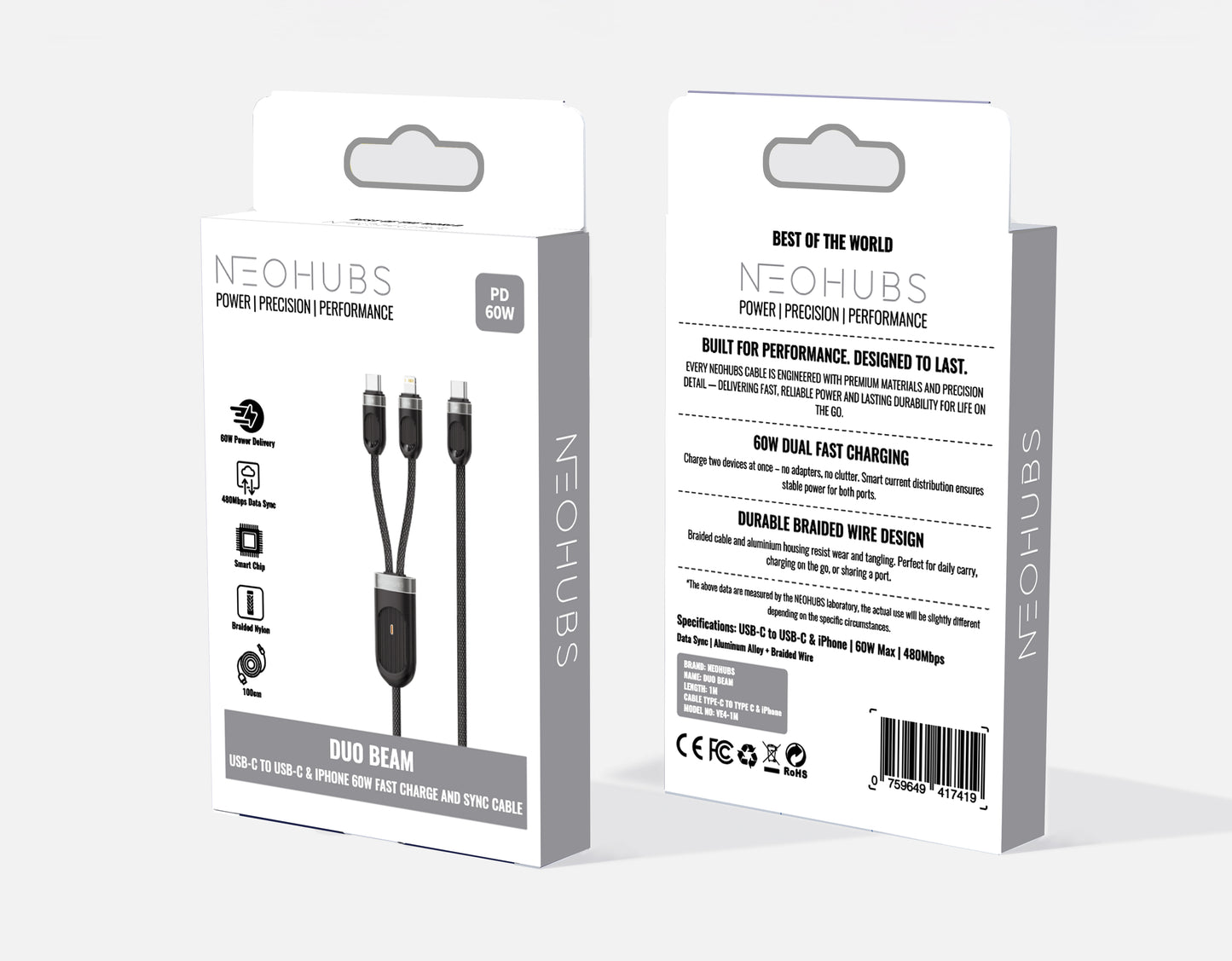 Duo Beam USB C to USB C + Lightning Type C Fast Charger Cable 60W-1M