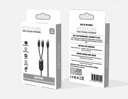Duo Beam USB C to USB C + Lightning Type C Fast Charger Cable 60W-1M