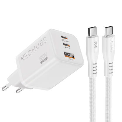 NEOHUBS Super Cube 65W GaN 3-Port Fast Charger 2x USB-C + USB Wall Adapter