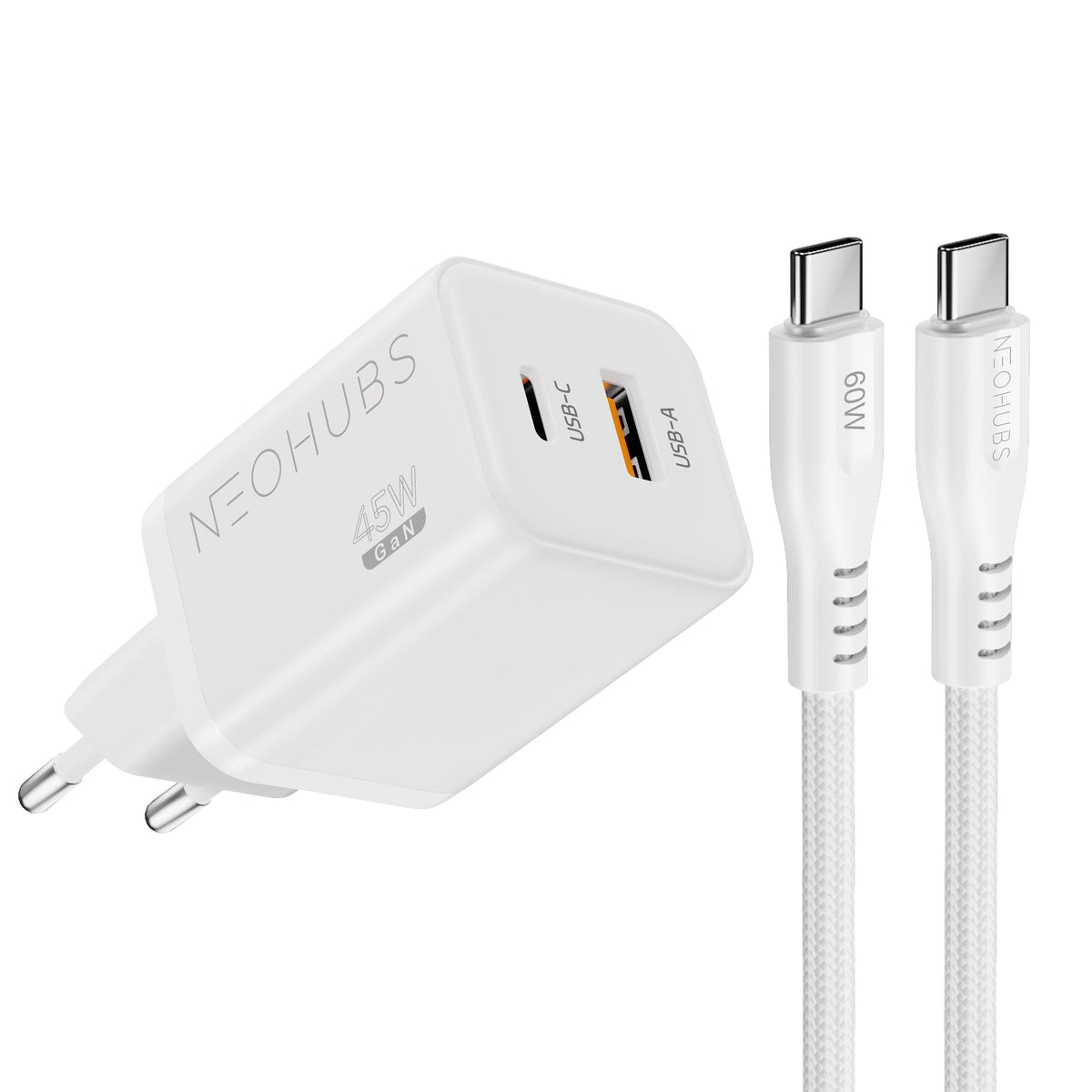 NEOHUBS Super Cube 45W GaN Dual Port Fast Charger USB-C + USB Wall Adapter