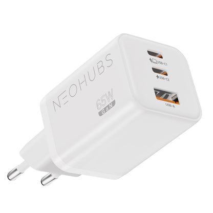 NEOHUBS Super Cube 65W GaN 3-Port Fast Charger 2x USB-C + USB Wall Adapter