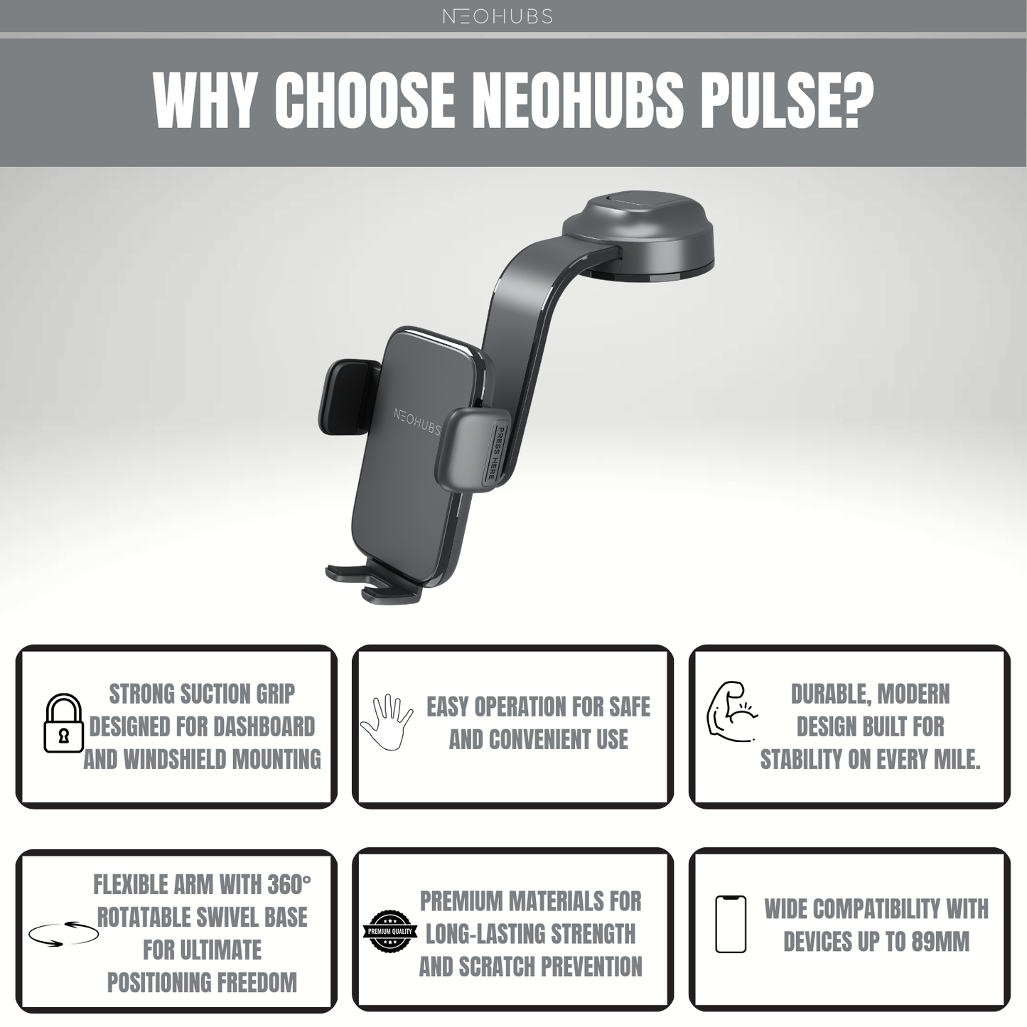PULSE Adjustable Dashboard / Windshield Car Phone Holder Mount