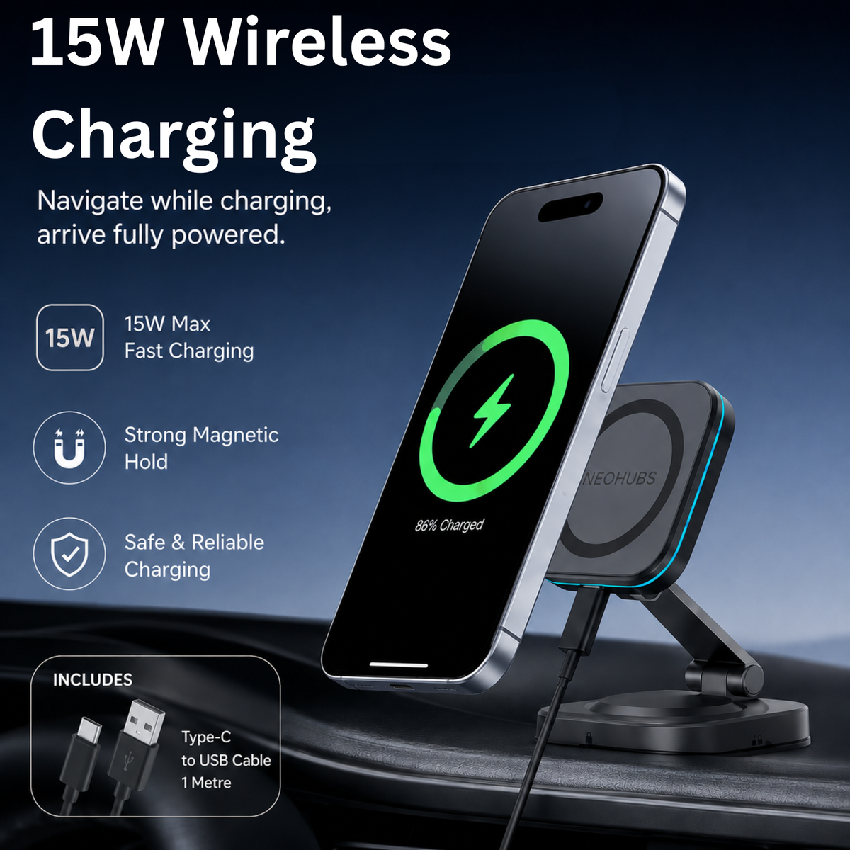 NEOHUBS NOVA 15W Wireless Car Charger Magnetic Car Phone Holder