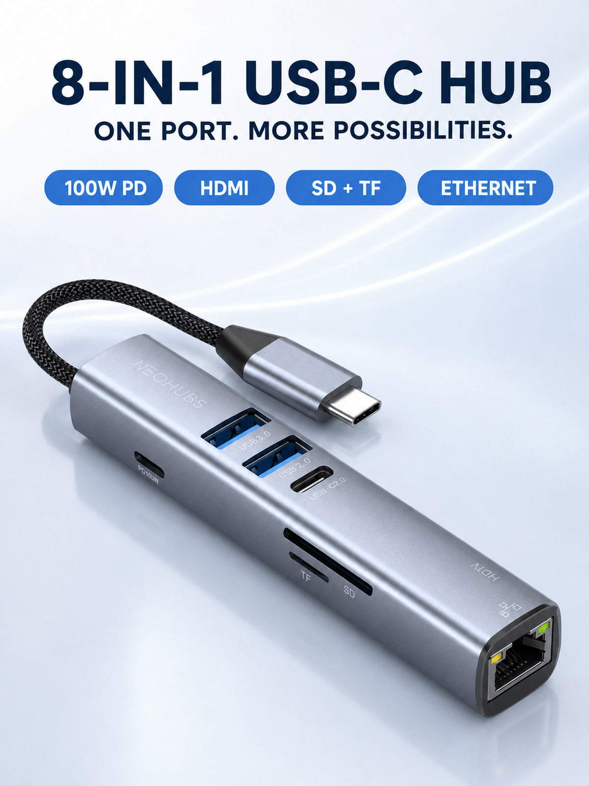 NEOHUBS HUB ULTRA 8-in-1 Type-C Hub with HDMI, RJ45, 100W PD, USB 3 & USB-C
