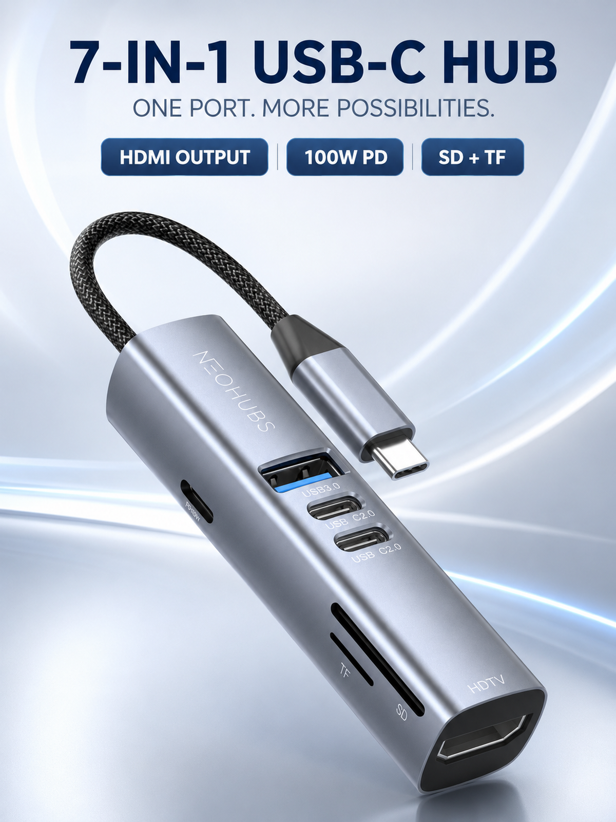 NEOHUBS HUB MAX 7-in-1 Type-C Hub with HDMI, 100W PD, SD/TF, USB 3 & USB-C