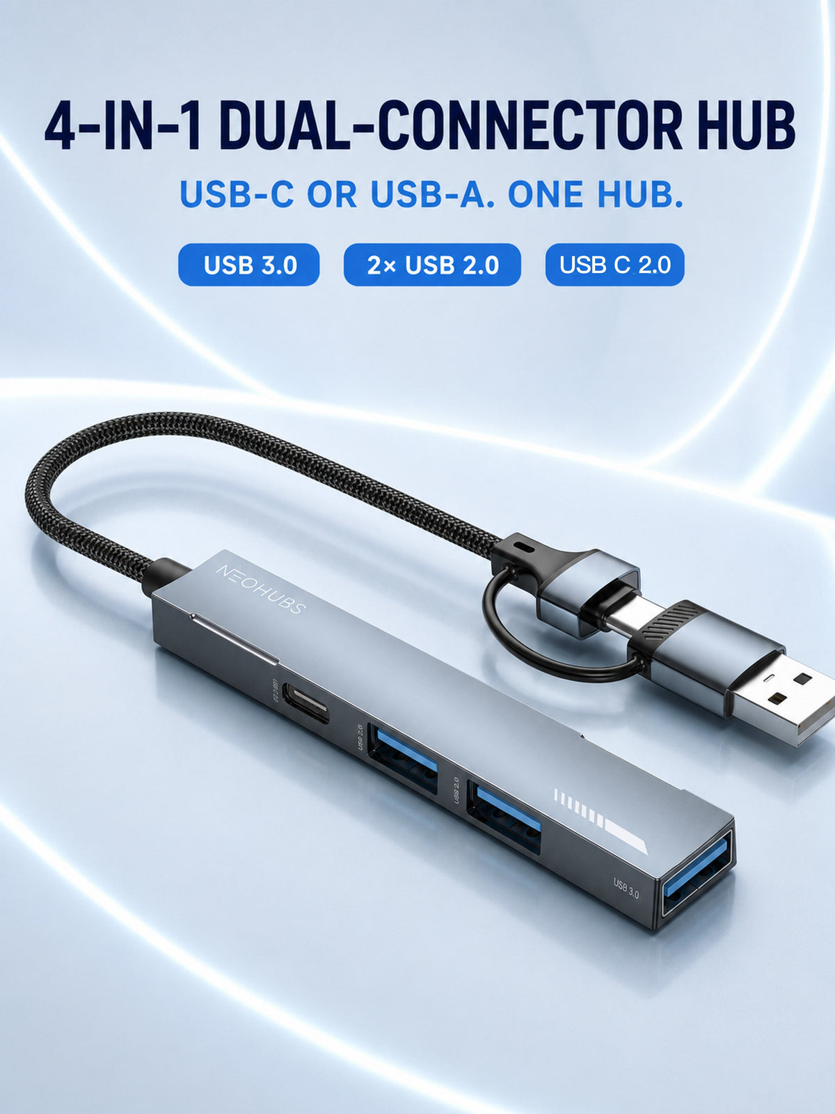 NEOHUBS HUB PLUS 4-in-1 USB A/Type-C Hub with USB 3, 2x USB 2 & USB-C 60W