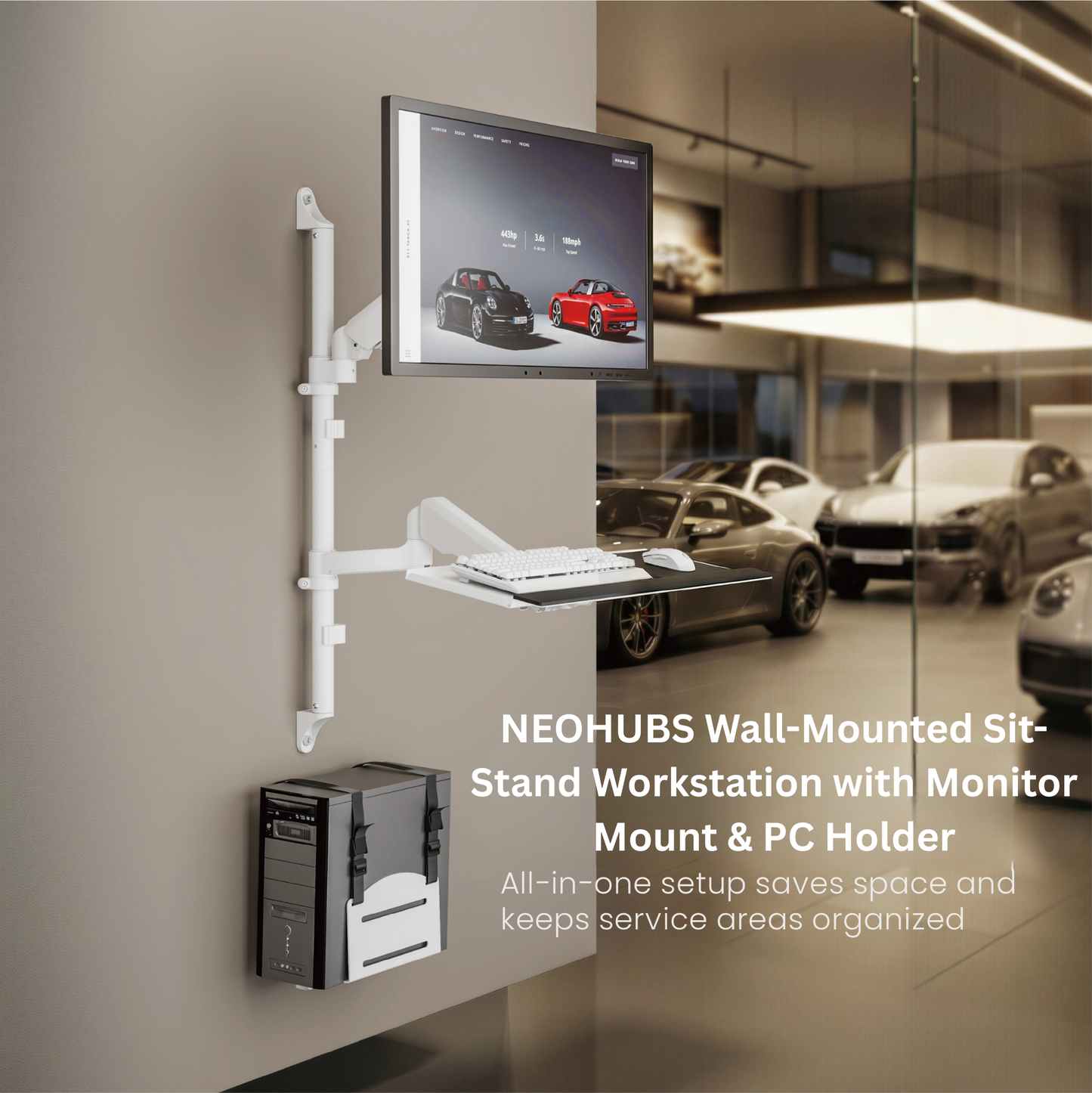 NEOHUBS Wall-Mounted Sit-Stand Workstation with Monitor Arm Mount & PC Holder