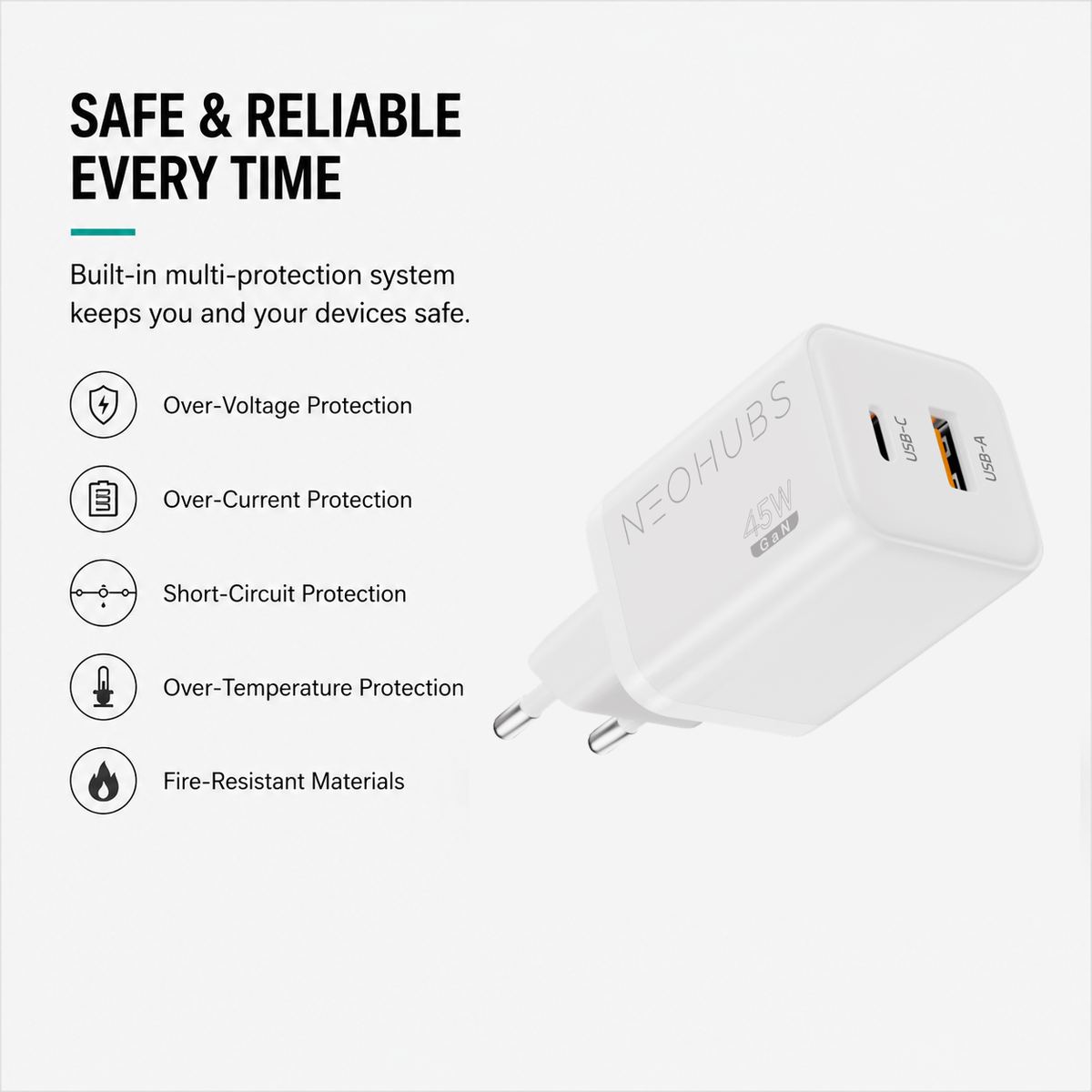 NEOHUBS Super Cube 45W GaN Dual Port Fast Charger USB-C + USB Wall Adapter