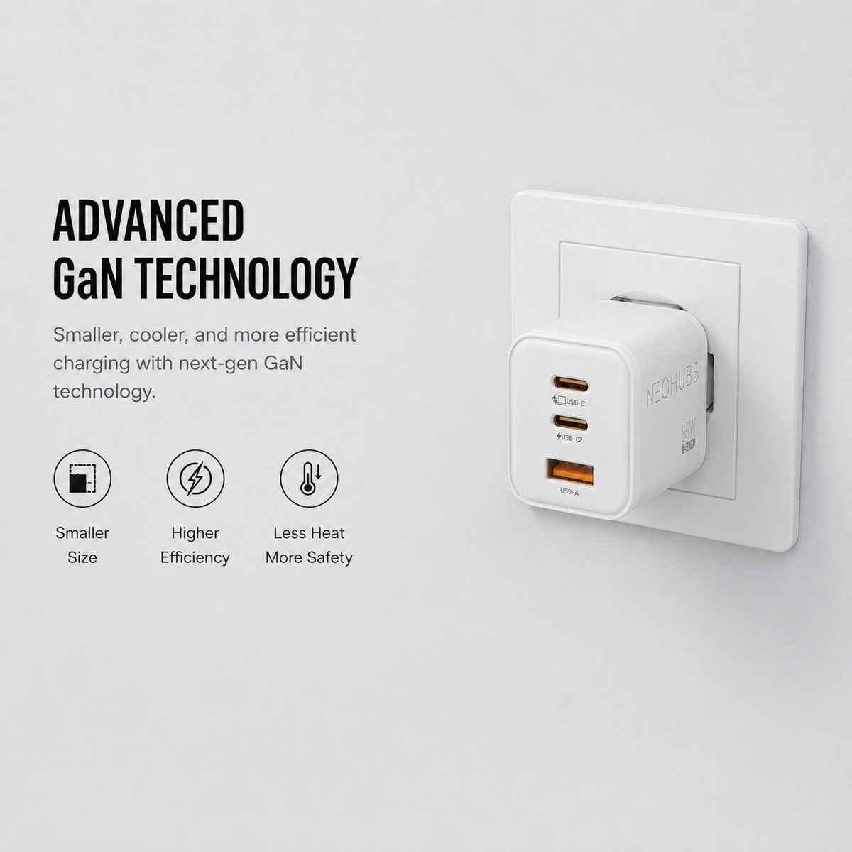 NEOHUBS Super Cube 65W GaN 3-Port Fast Charger 2x USB-C + USB Wall Adapter