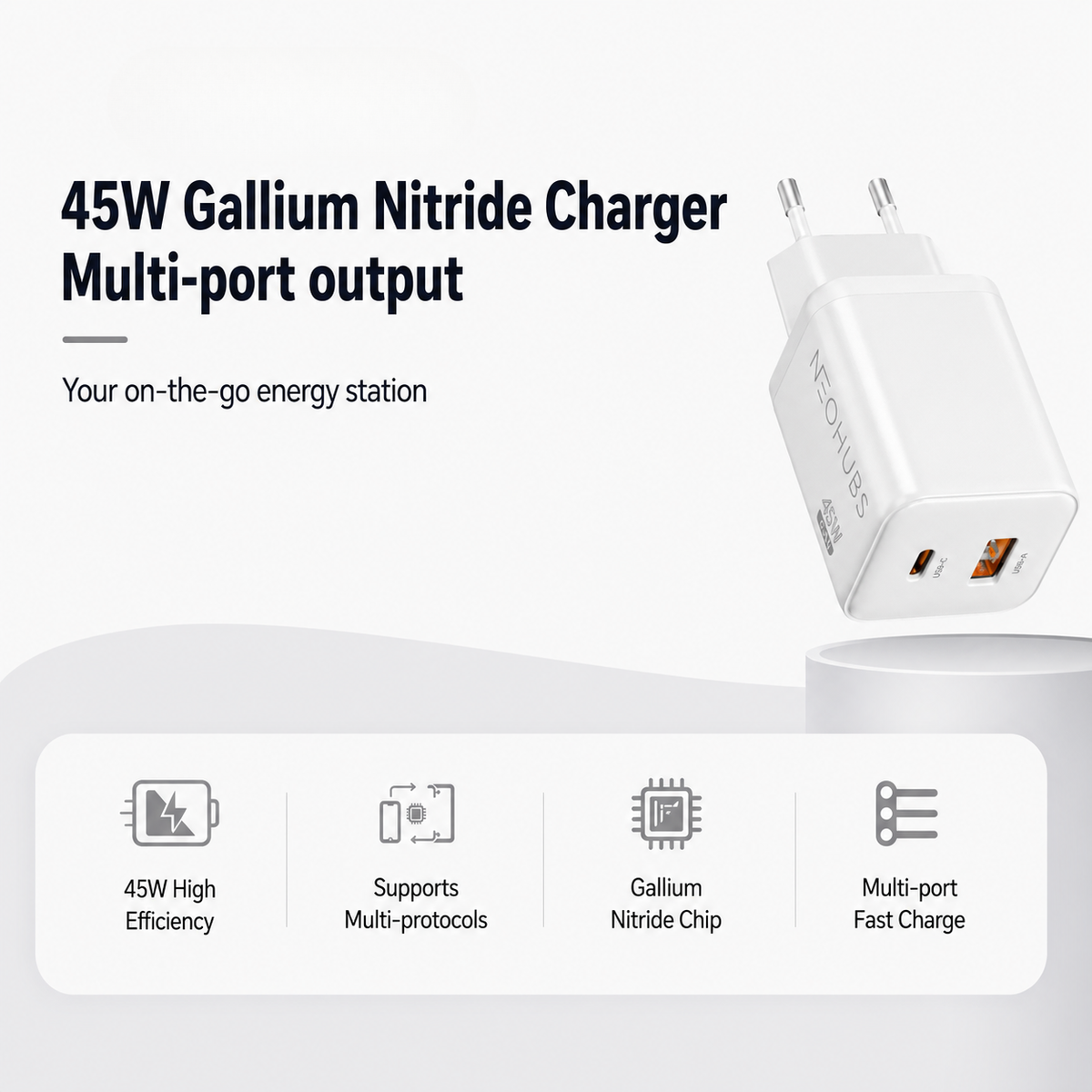 NEOHUBS Super Cube 45W GaN Dual Port Fast Charger USB-C + USB Wall Adapter