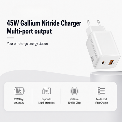 NEOHUBS Super Cube 45W GaN Dual Port Fast Charger USB-C + USB Wall Adapter