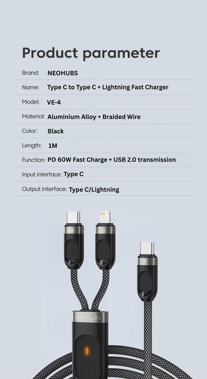 Duo Beam USB C to USB C + Lightning Type C Fast Charger Cable 60W-1M