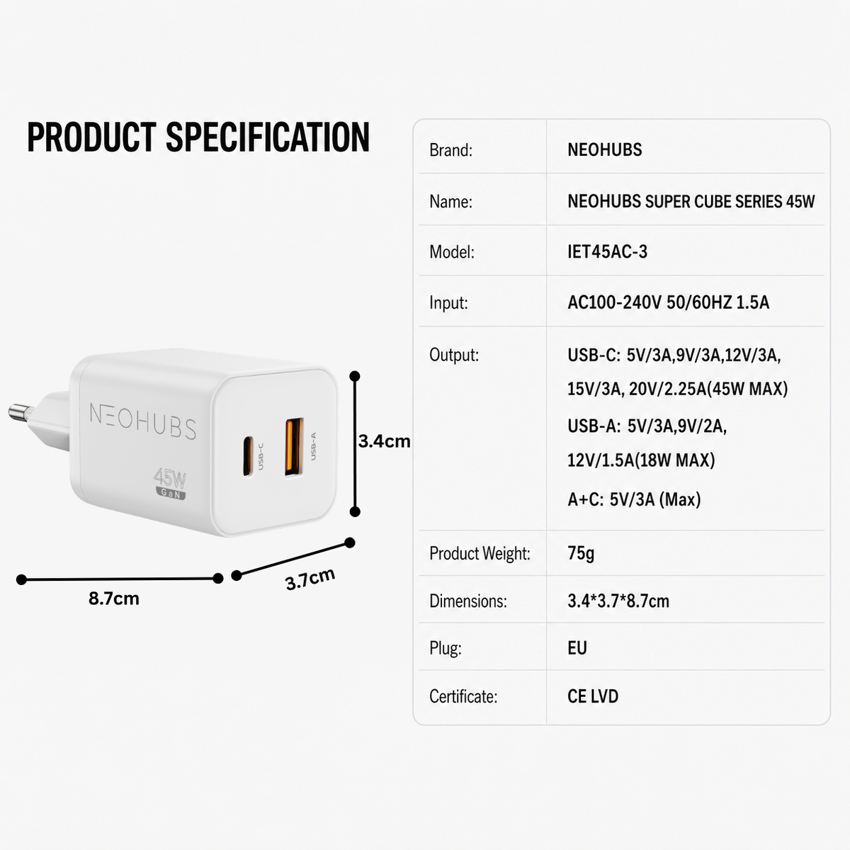 NEOHUBS Super Cube 45W GaN Dual Port Fast Charger USB-C + USB Wall Adapter