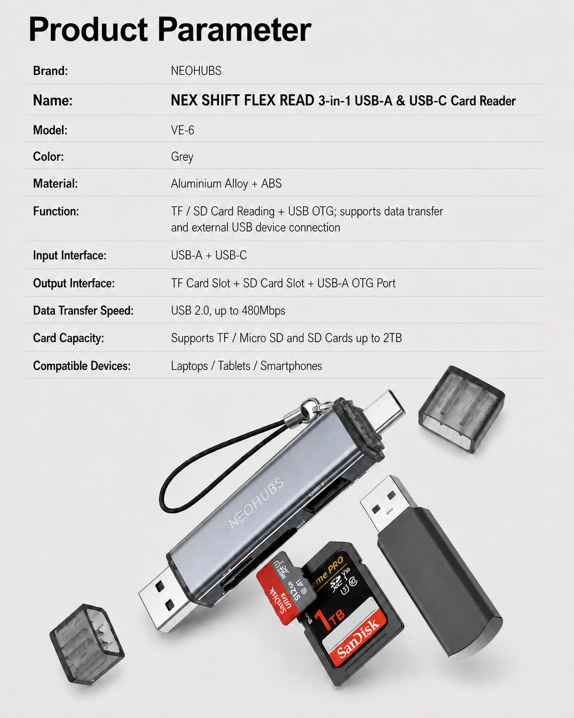NEOHUBS NEX SHIFT Type C /USB Memory Card Reader with Micro SD/SD/TF & USB