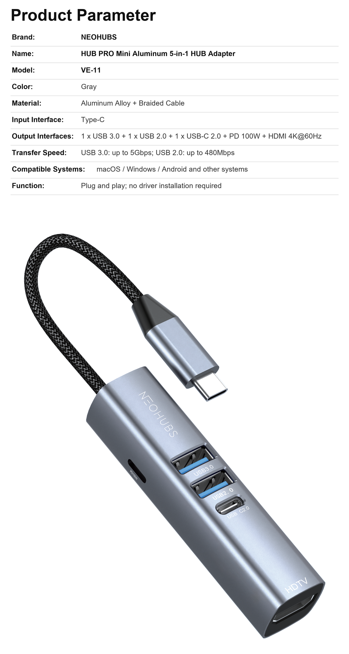 NEOHUBS HUB PRO 5-in-1 Type-C Hub with USB 3.0, USB 2.0, HDMI 4K & PD 100W