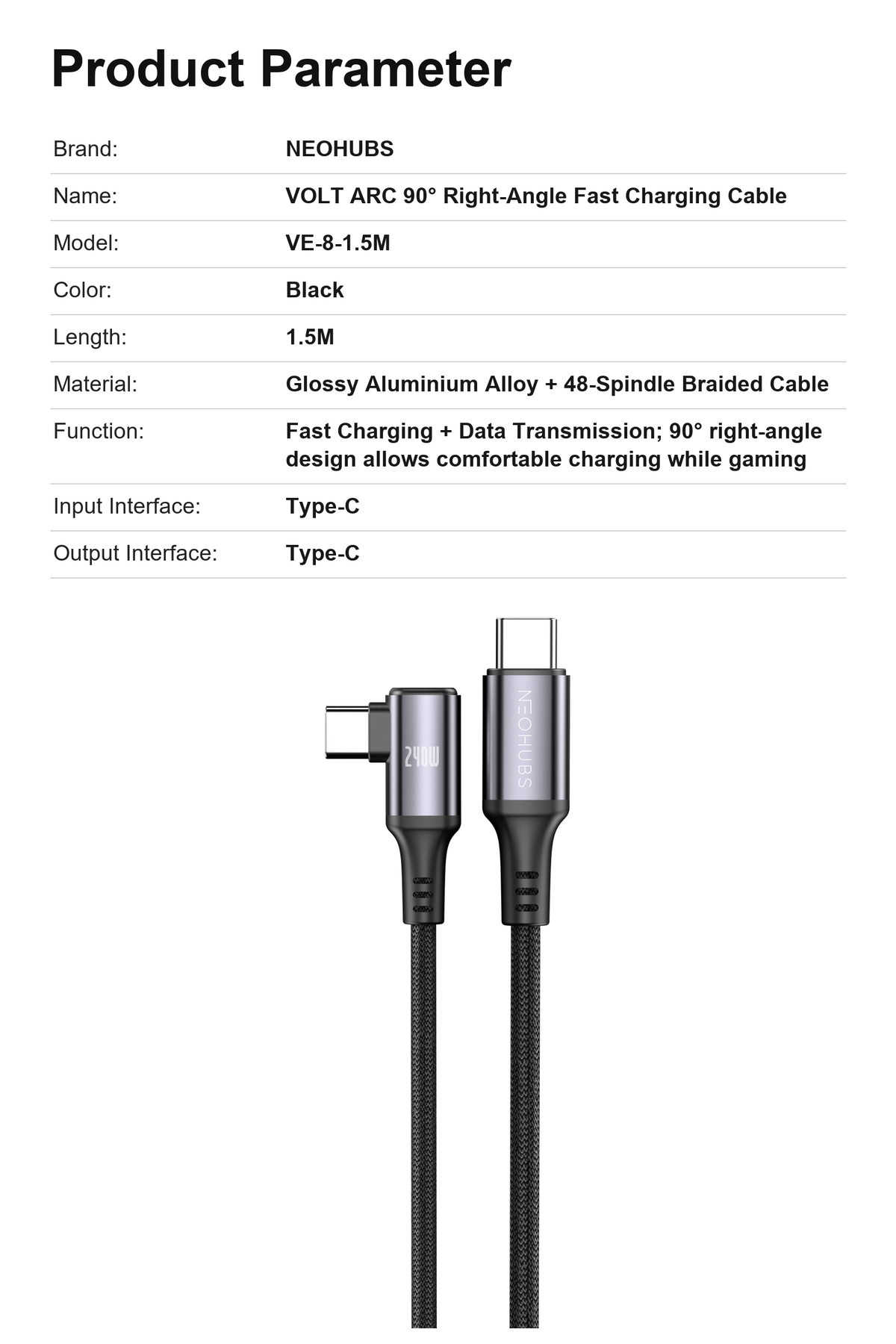 NEOHUBS VOLT ARC 240W USB C to USB C - Type C Fast Charger Cable - 1.5M