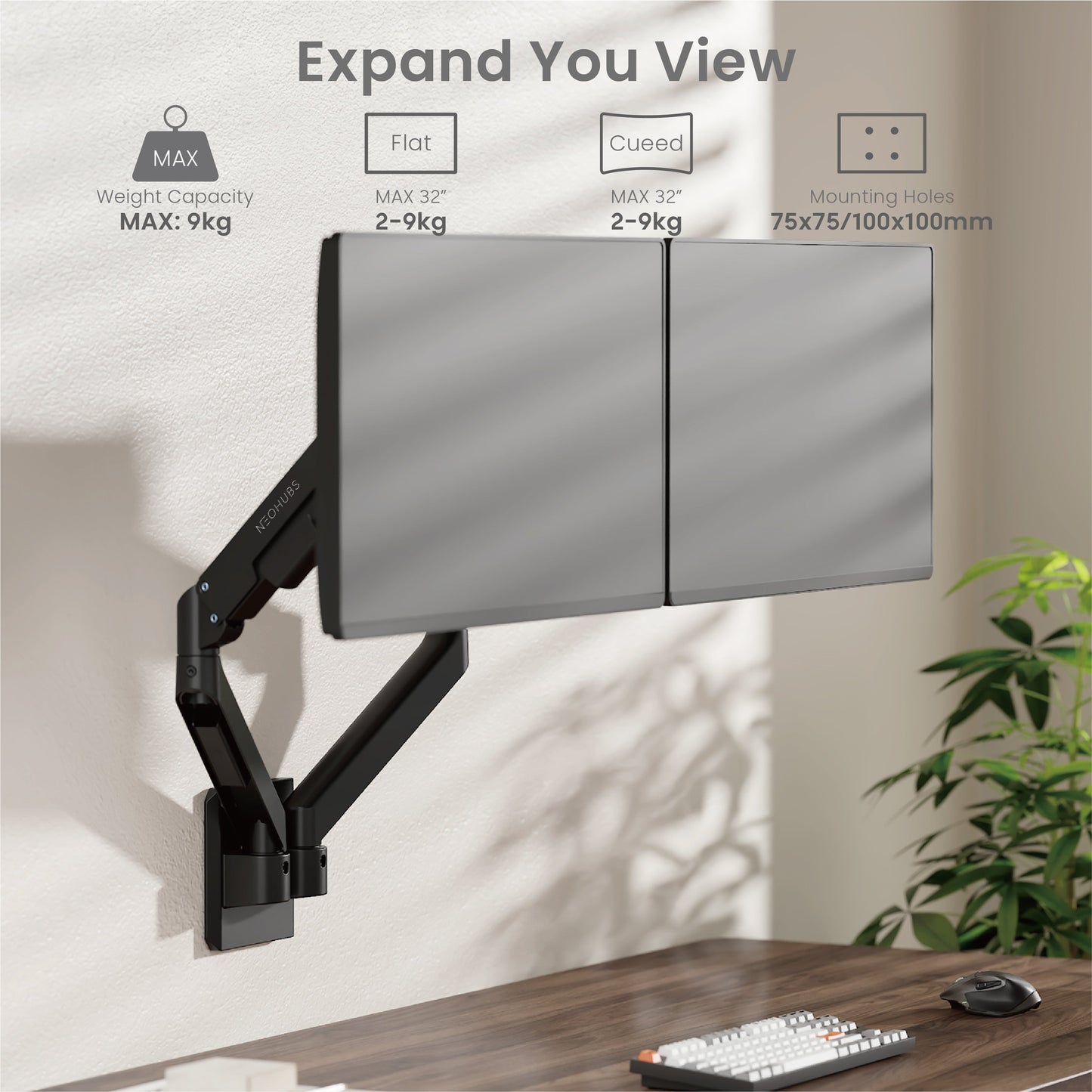 NEOHUBS Core Wall Dual Monitor Arm Mount Adjustable VESA Desktop Stand