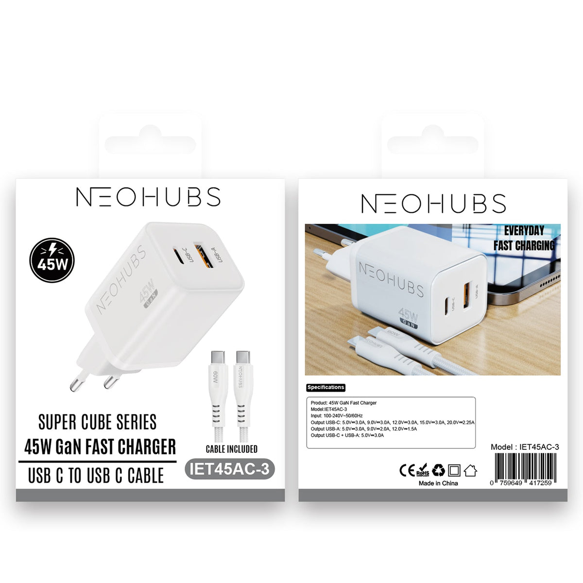 NEOHUBS Super Cube 45W GaN Dual Port Fast Charger USB-C + USB Wall Adapter