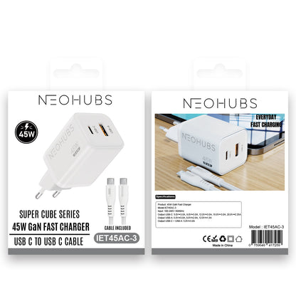 NEOHUBS Super Cube 45W GaN Dual Port Fast Charger USB-C + USB Wall Adapter